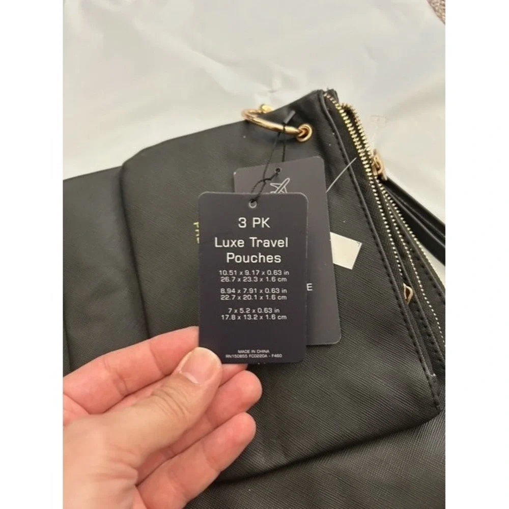 French Connection Luxe Travel Pouches Womens OS Black NEW 3-Pack Saffiano Set